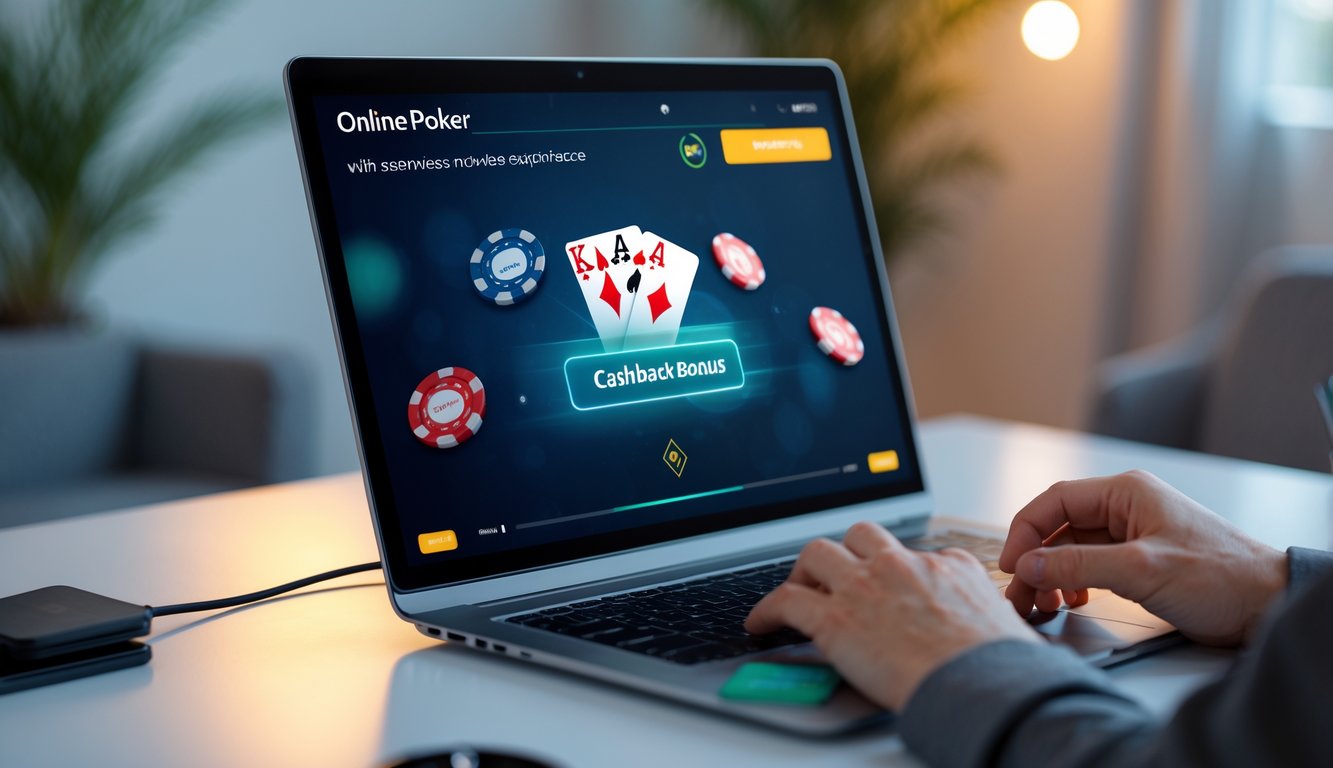 Seseorang bermain poker online di depan komputer dengan chip poker dan kartu terlihat di layar, suasana nyaman dan profesional.