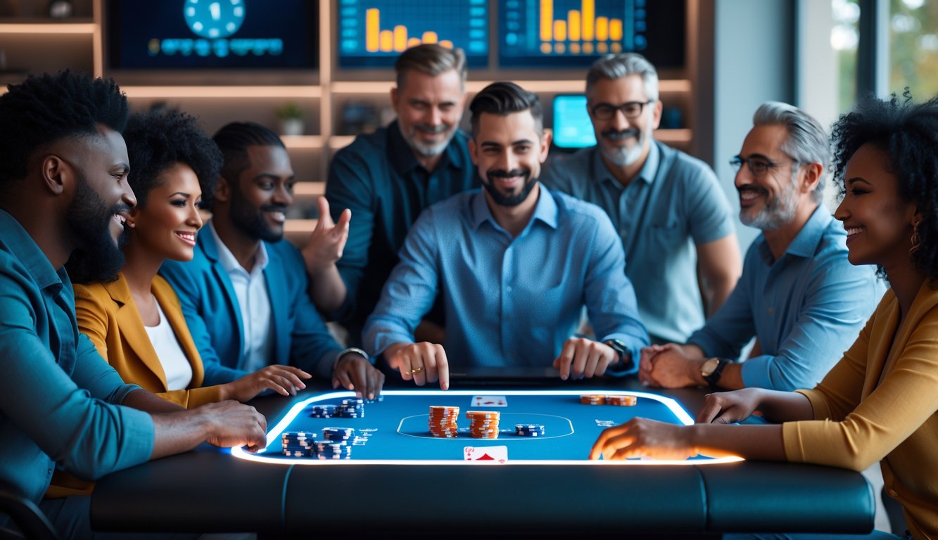 Sekelompok orang dewasa bermain poker online di laptop dengan suasana ceria dan profesional.
