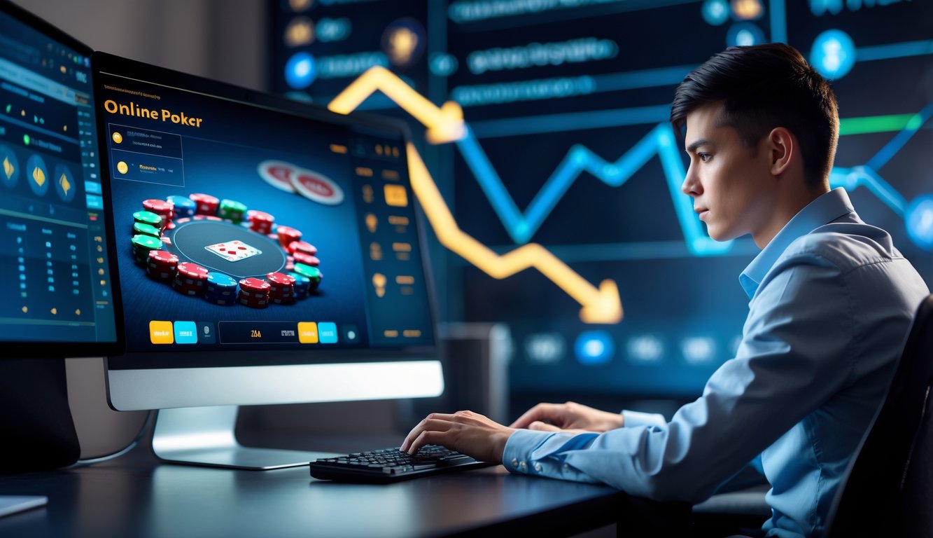 Seorang pemain muda duduk di depan komputer dengan tampilan permainan poker online dan chip poker di layar.