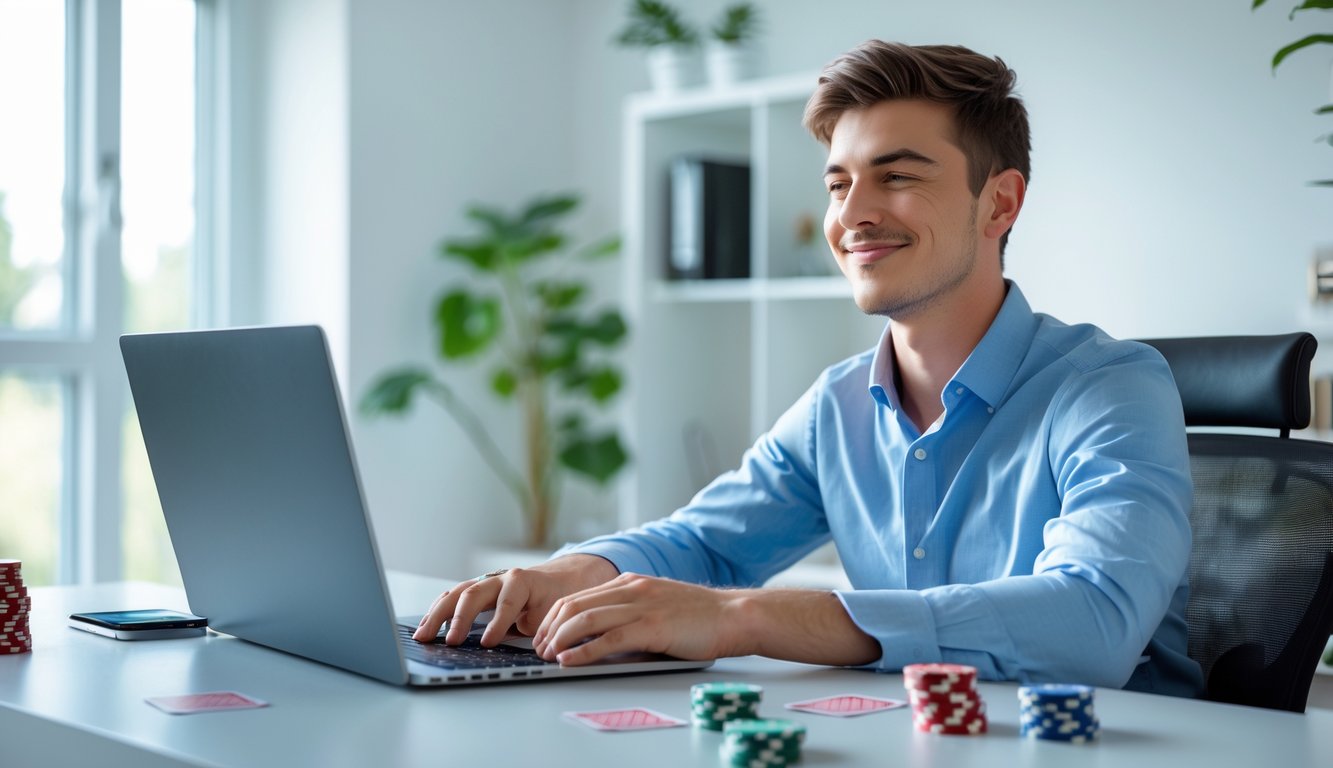 Seorang pria muda duduk di meja dengan laptop dan chip poker, tersenyum sambil bermain poker online di ruang kerja yang terang dan rapi.