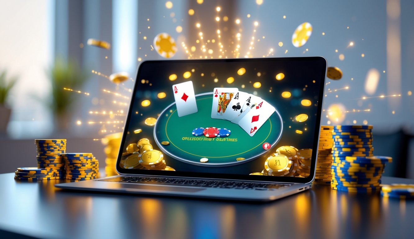 Sebuah layar perangkat digital menampilkan permainan poker online dengan chip dan kartu poker di sekitarnya, menciptakan suasana permainan yang menarik dan menguntungkan.