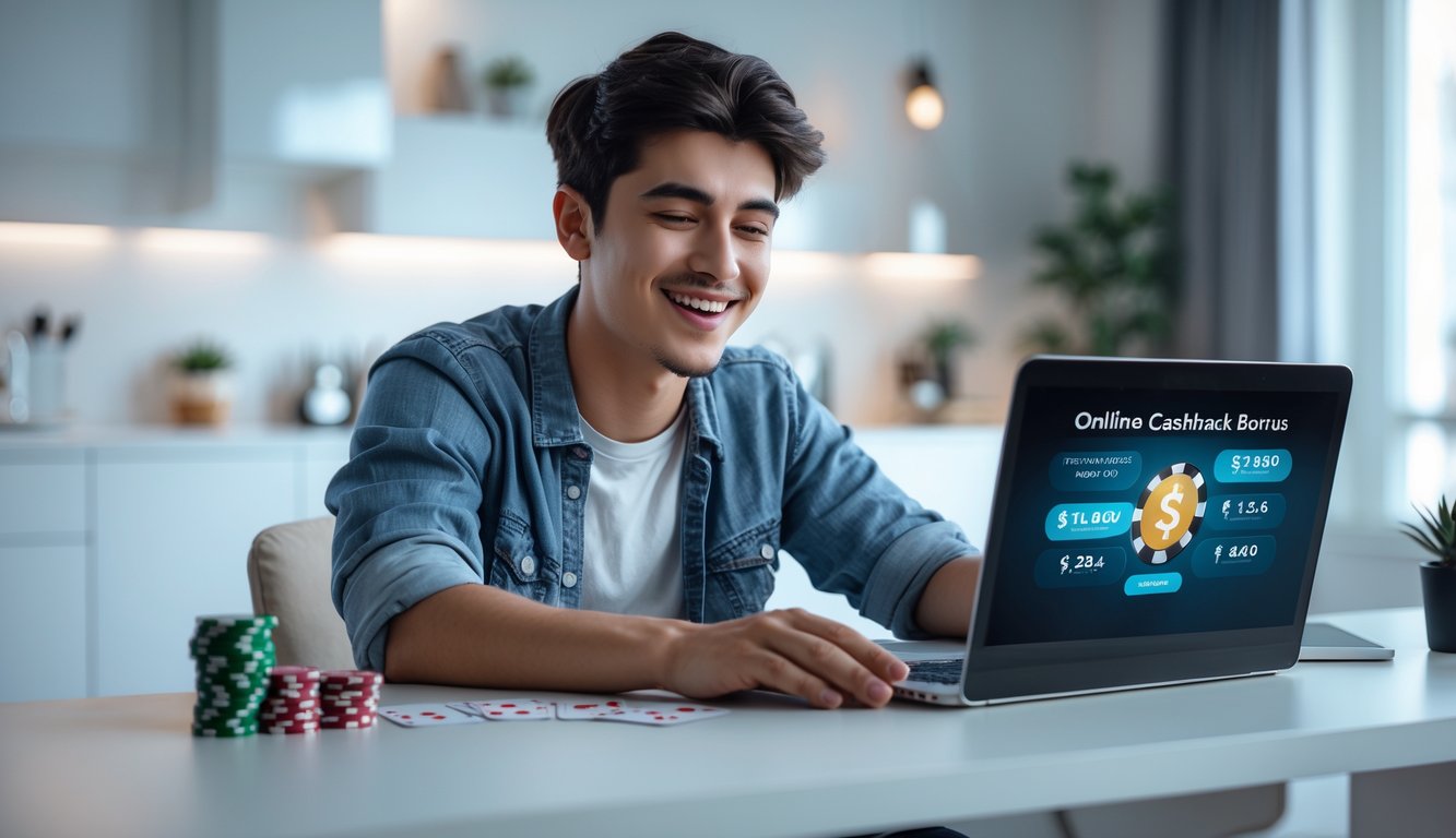 Seorang dewasa muda duduk di meja dengan laptop, bermain poker online dan terlihat senang.