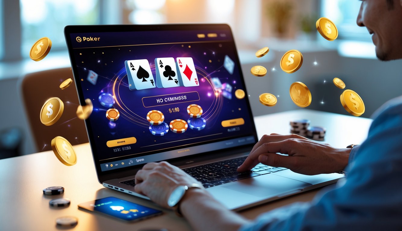 Seseorang sedang bermain poker online di depan layar komputer dengan chip dan kartu poker, di ruang kerja yang terang dan rapi.