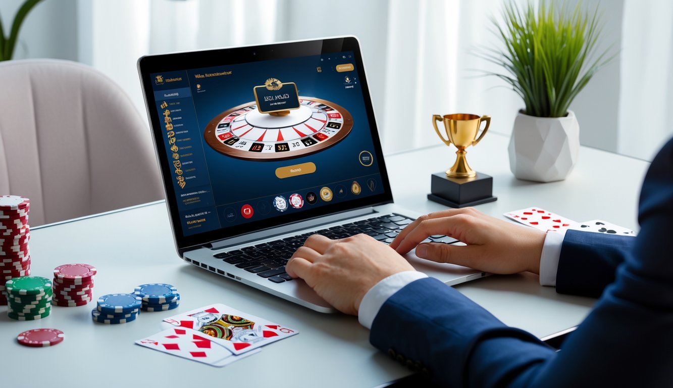 Seorang individu sedang menggunakan laptop dengan tampilan permainan baccarat online di meja yang rapi, dikelilingi oleh chip poker dan kartu remi.