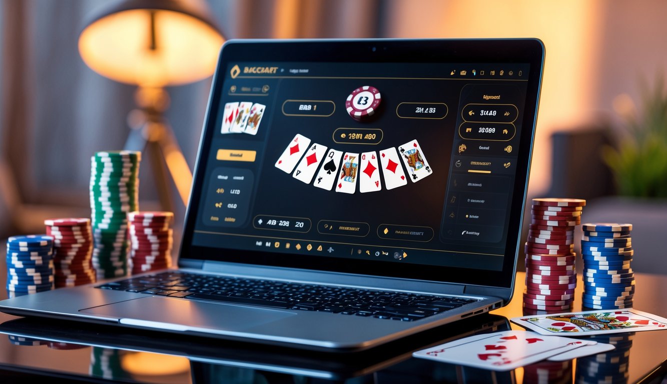 Seorang pemain sedang menggunakan laptop dan smartphone untuk bermain baccarat online dengan chip dan kartu di meja.