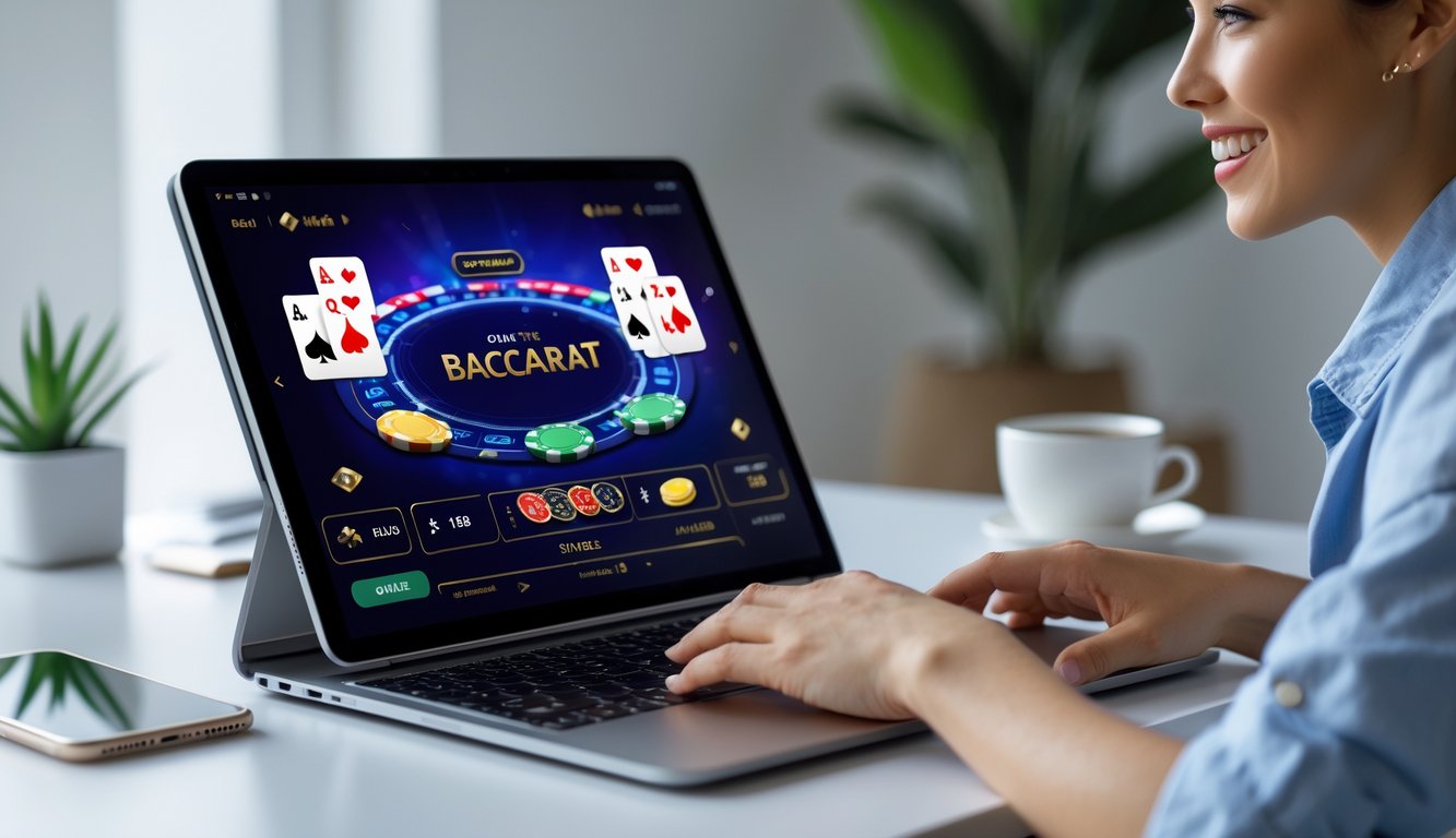 Seseorang sedang bermain baccarat online di laptop di meja dengan suasana rumah yang nyaman.