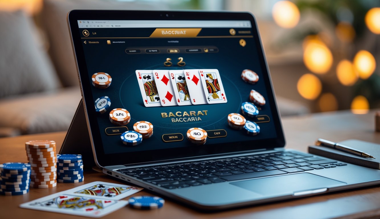 Seorang pemula bermain baccarat online dengan laptop, kartu, dan chip di meja dalam suasana nyaman.