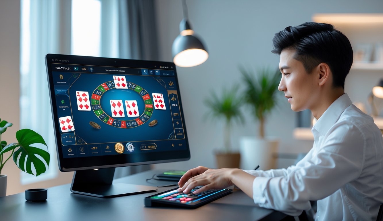 Seorang pemain muda yang fokus bermain permainan baccarat online di depan laptop di ruangan yang rapi dan terang.
