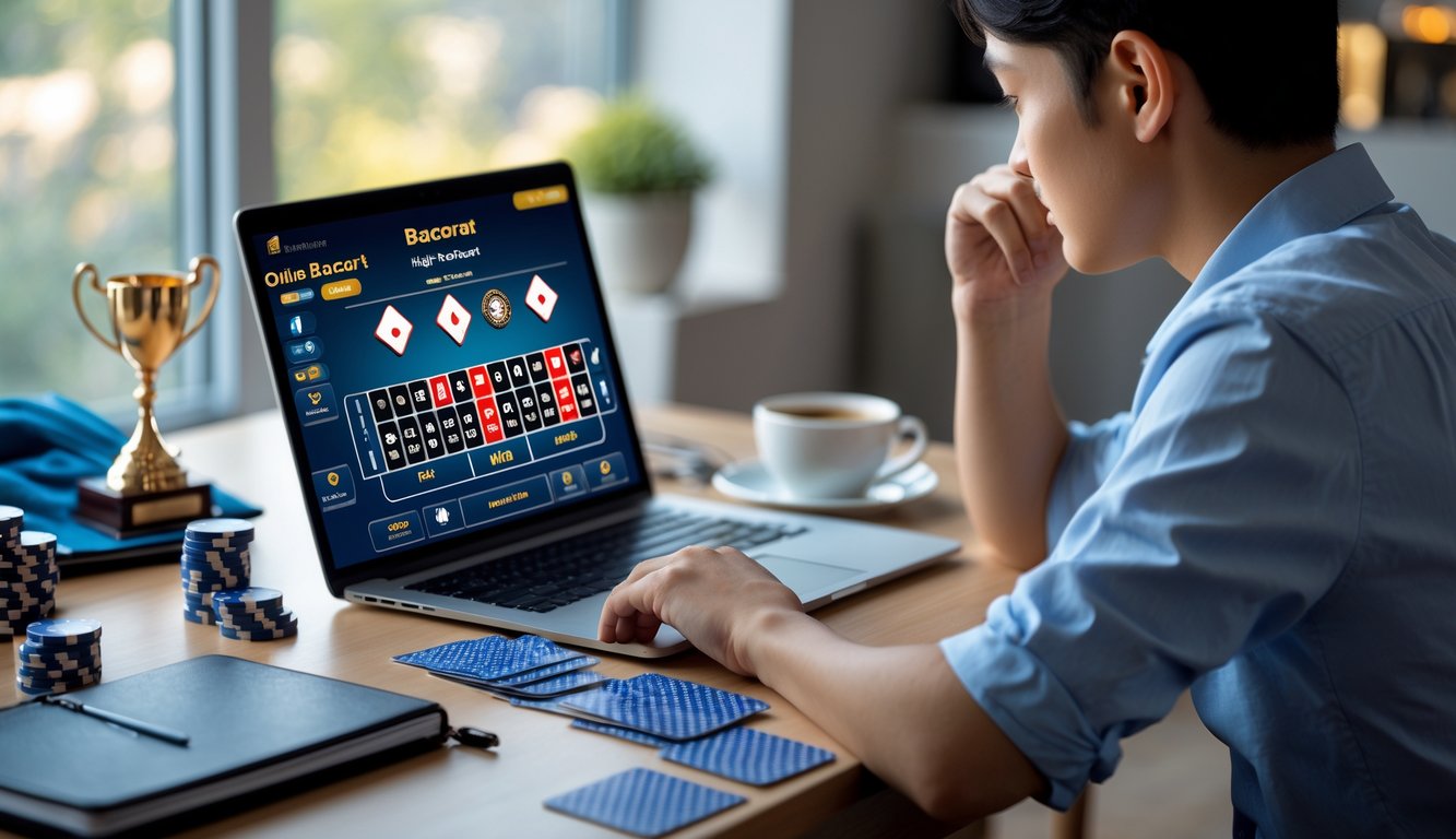 Seorang pemula sedang fokus bermain baccarat online di laptop dengan kartu dan chip poker di meja kerja.