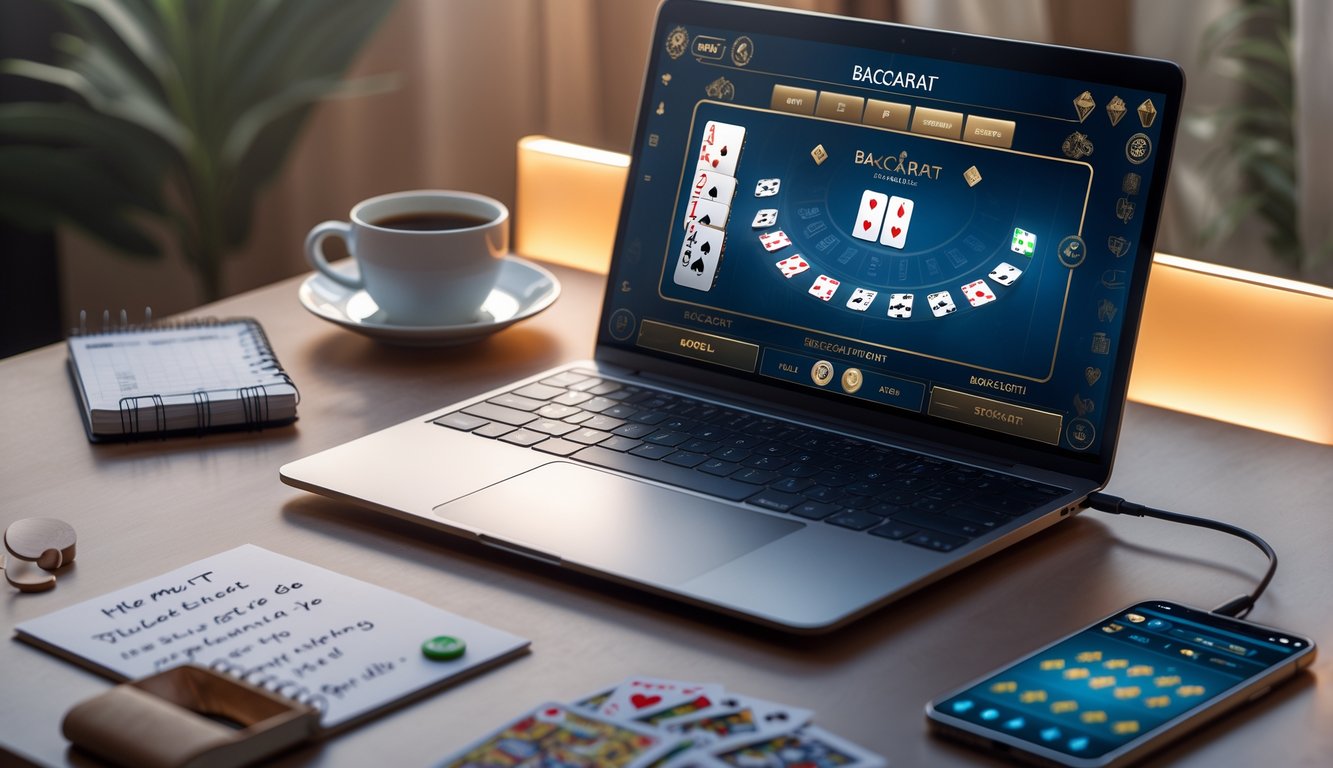 Seorang pemula sedang belajar bermain baccarat online di depan laptop dengan kartu dan chip di layar, ditemani catatan dan ponsel di meja.