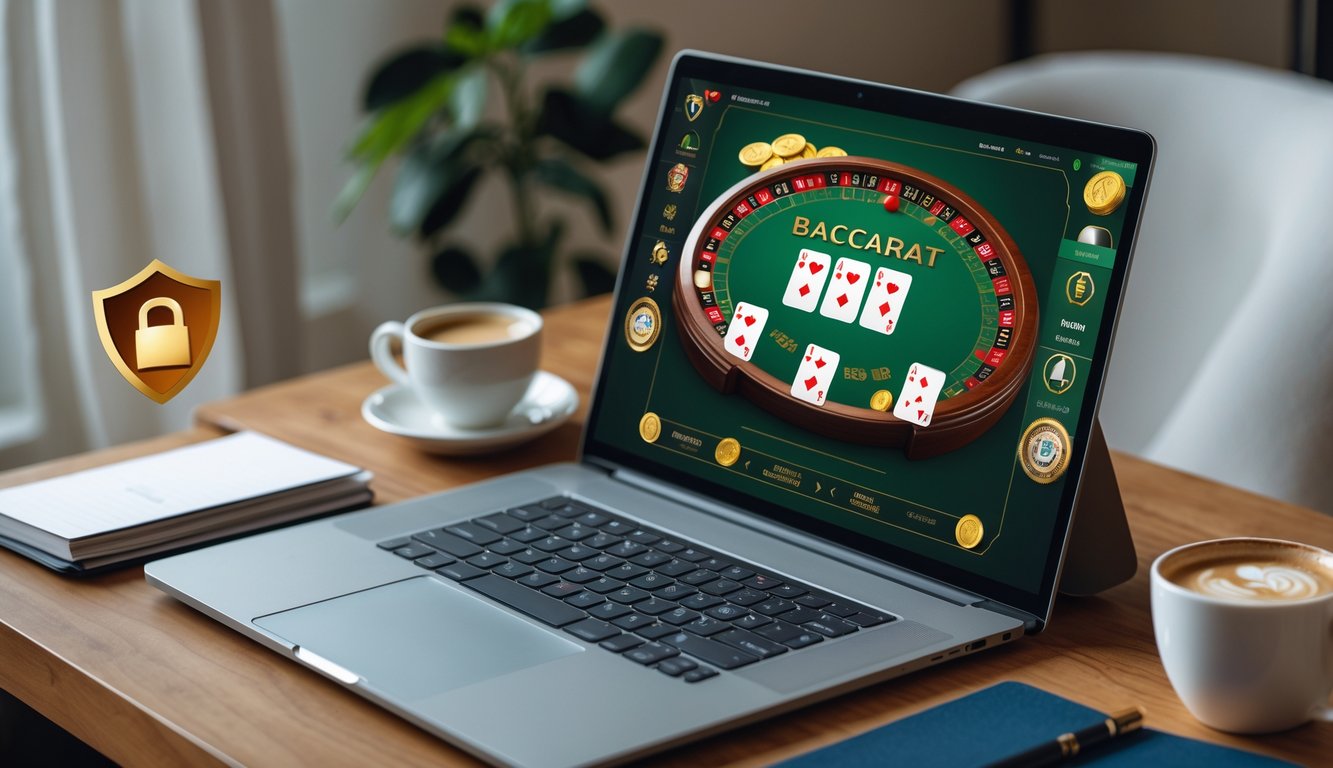 Seorang pemula bermain baccarat online di laptop dengan suasana kerja yang rapi dan terang.