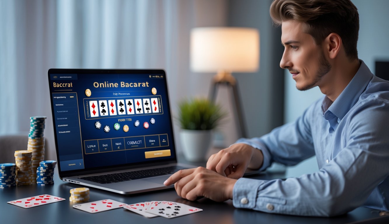Seorang dewasa muda duduk di depan laptop yang menampilkan permainan baccarat online, dengan chip poker dan kartu di meja, di ruang kerja yang nyaman dan terang.