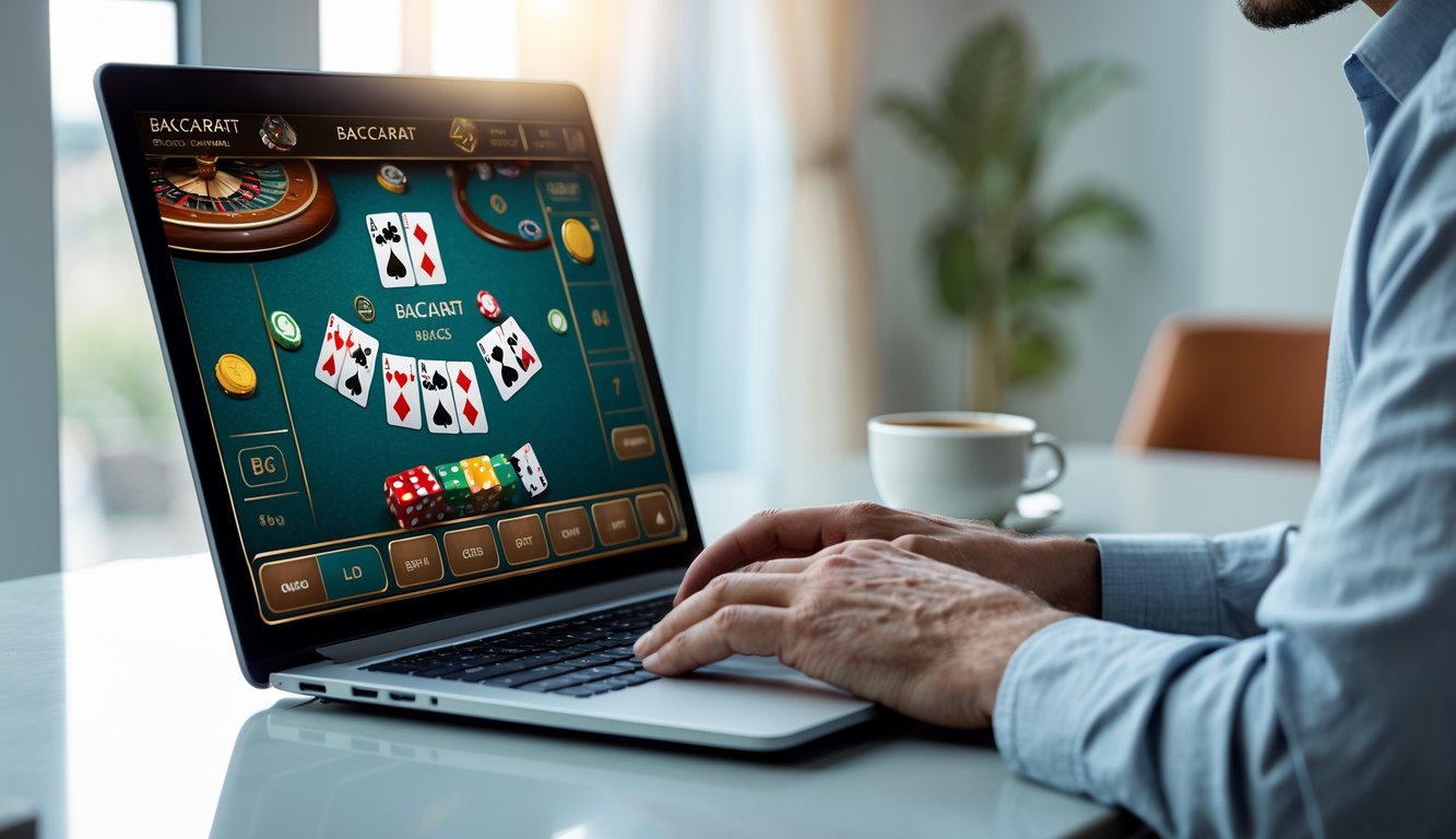 Seseorang sedang bermain baccarat online di laptop di sebuah ruangan modern dengan cahaya alami.