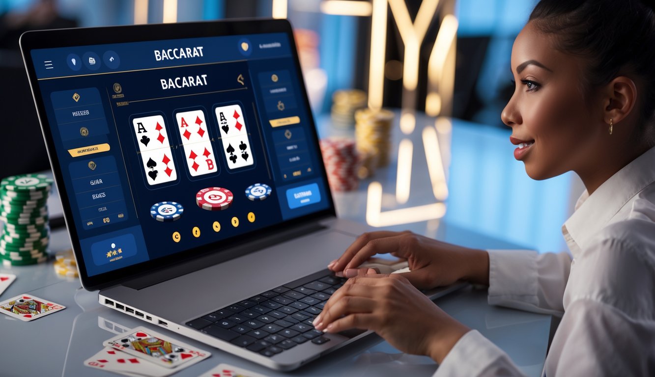 Seorang pemain muda sedang bermain baccarat online di depan layar komputer dengan kartu dan chip terlihat di meja permainan.