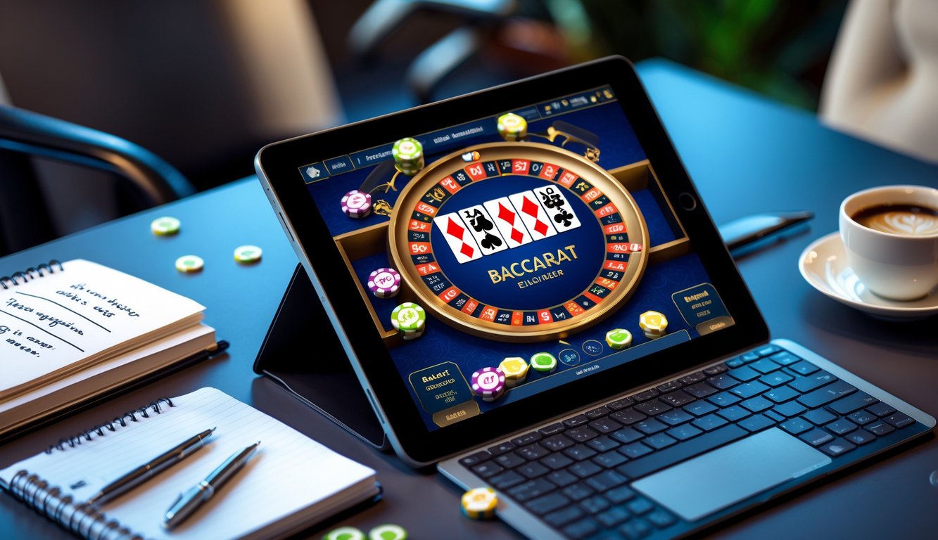 Seorang pemula sedang bermain baccarat online menggunakan laptop di meja kerja dengan catatan dan kopi di sampingnya.