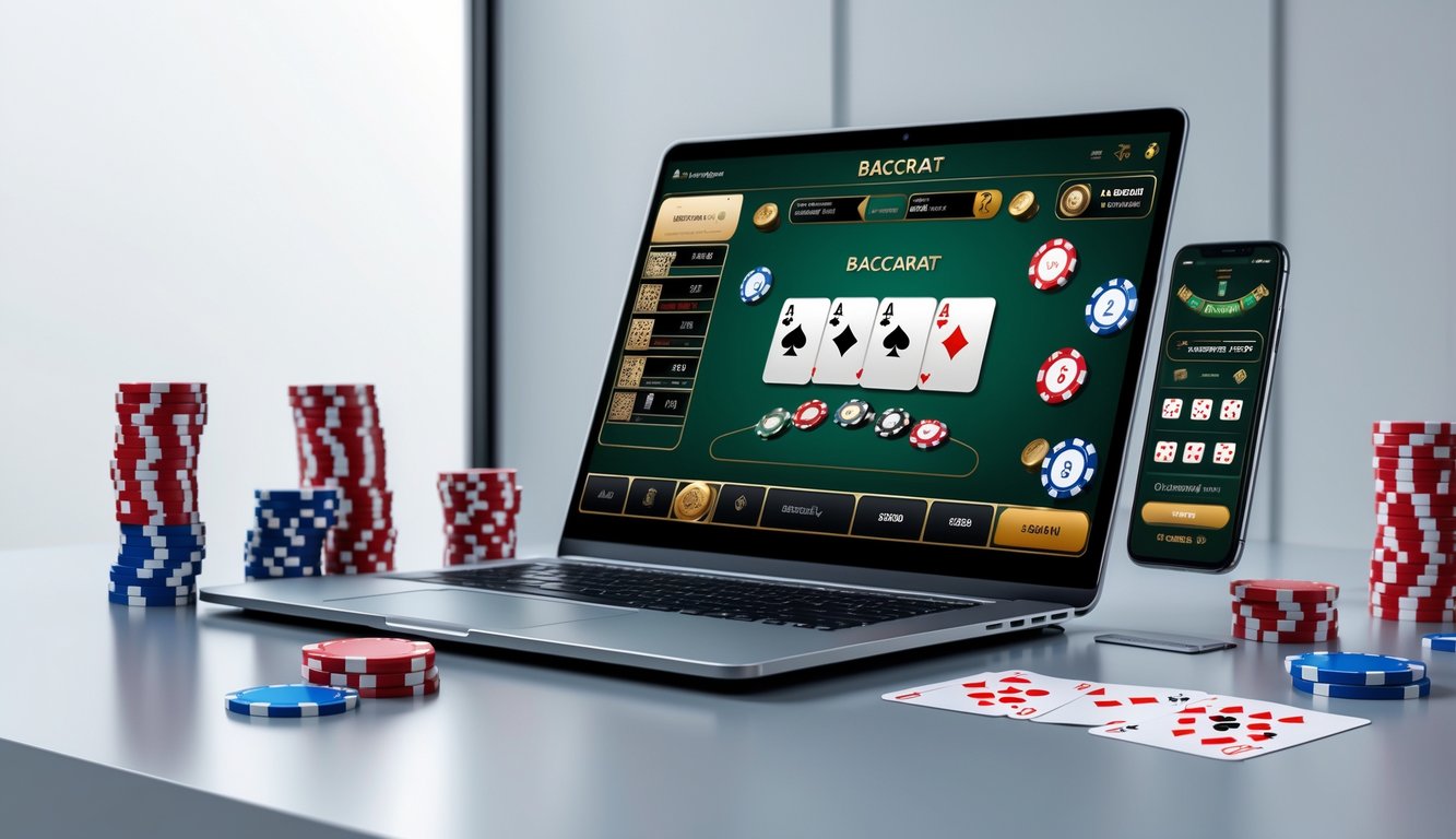 Seorang pemain sedang menggunakan komputer untuk bermain baccarat online dengan kartu dan chip di sekitarnya.