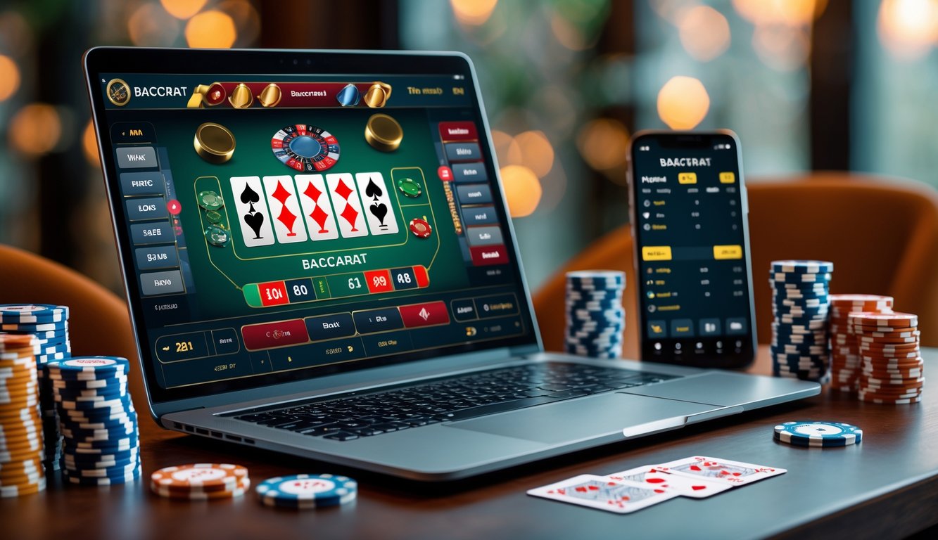 Seorang pemula bermain baccarat online dengan laptop, kartu, dan chip kasino di meja yang rapi.