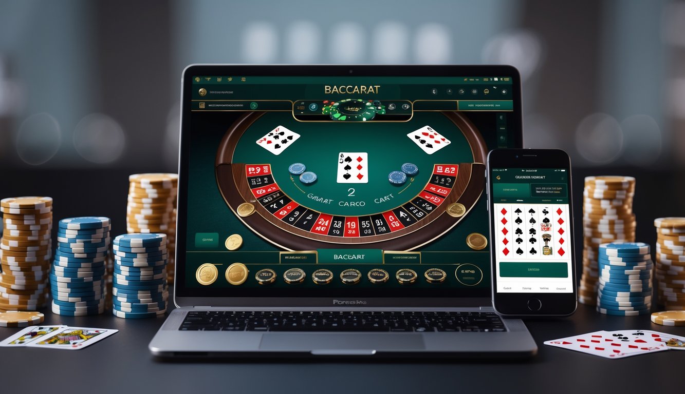 Seseorang sedang bermain permainan baccarat online di laptop dengan chip dan kartu di sekitar meja.