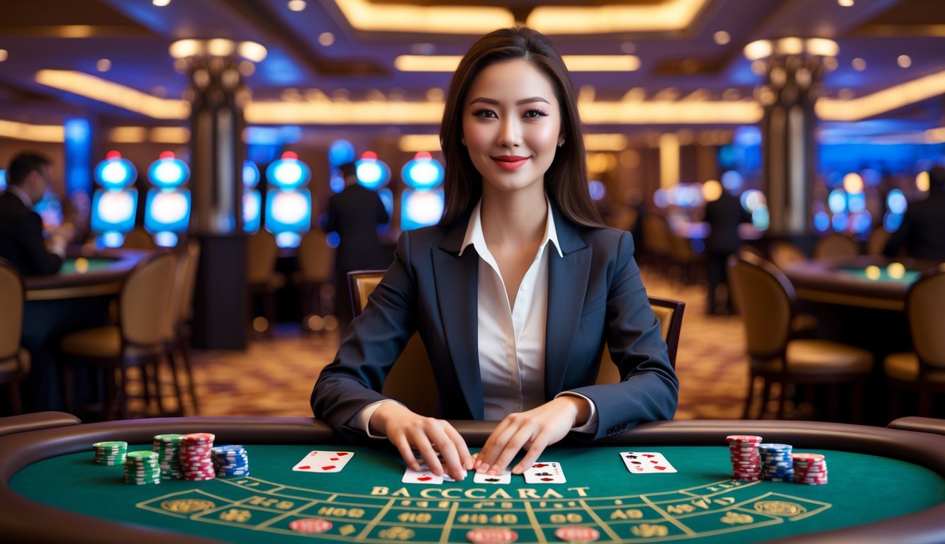 Seorang wanita muda duduk di meja kasino dengan kartu baccarat dan chip, tampak fokus dan percaya diri.