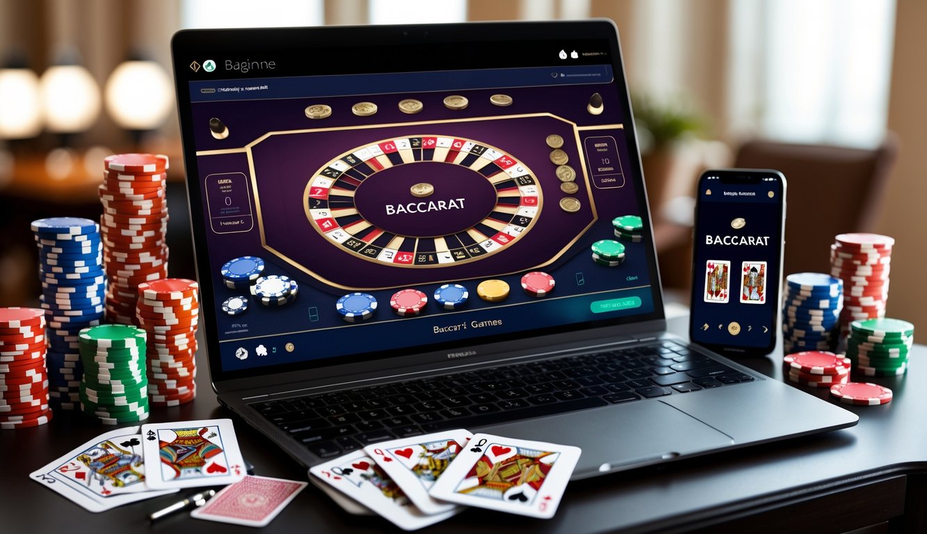 Seorang pemain menggunakan komputer dan ponsel untuk bermain baccarat online dengan kartu dan chip kasino di sekitar perangkat.