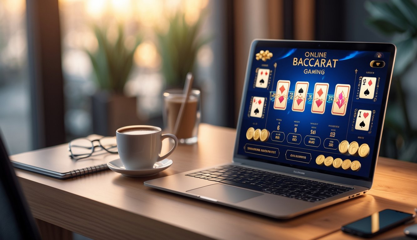 Seorang pemain sedang menggunakan laptop dengan tampilan permainan baccarat online, di meja terdapat cangkir kopi dan buku catatan.
