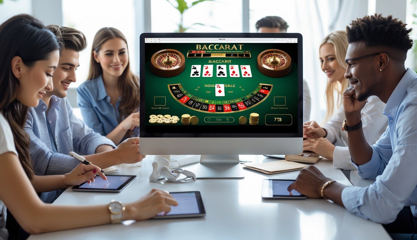 Beberapa orang muda duduk di sekitar meja dengan komputer menampilkan permainan baccarat online, tampak fokus dan antusias.