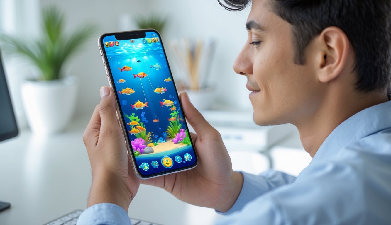 Seorang dewasa muda sedang bermain game tembak ikan online di smartphone dengan ekspresi santai dan fokus di sebuah meja yang rapi.