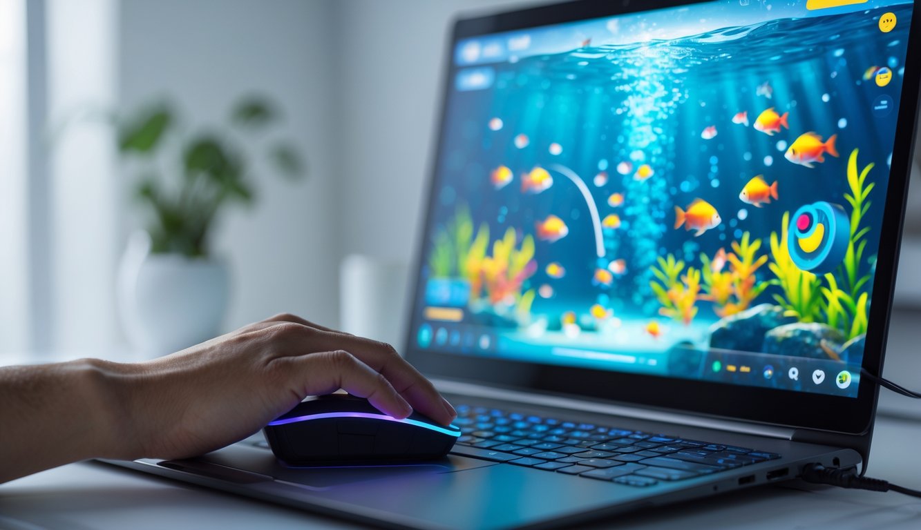 Seseorang bermain permainan tembak ikan online di komputer dengan layar menampilkan ikan berwarna-warni di bawah laut.