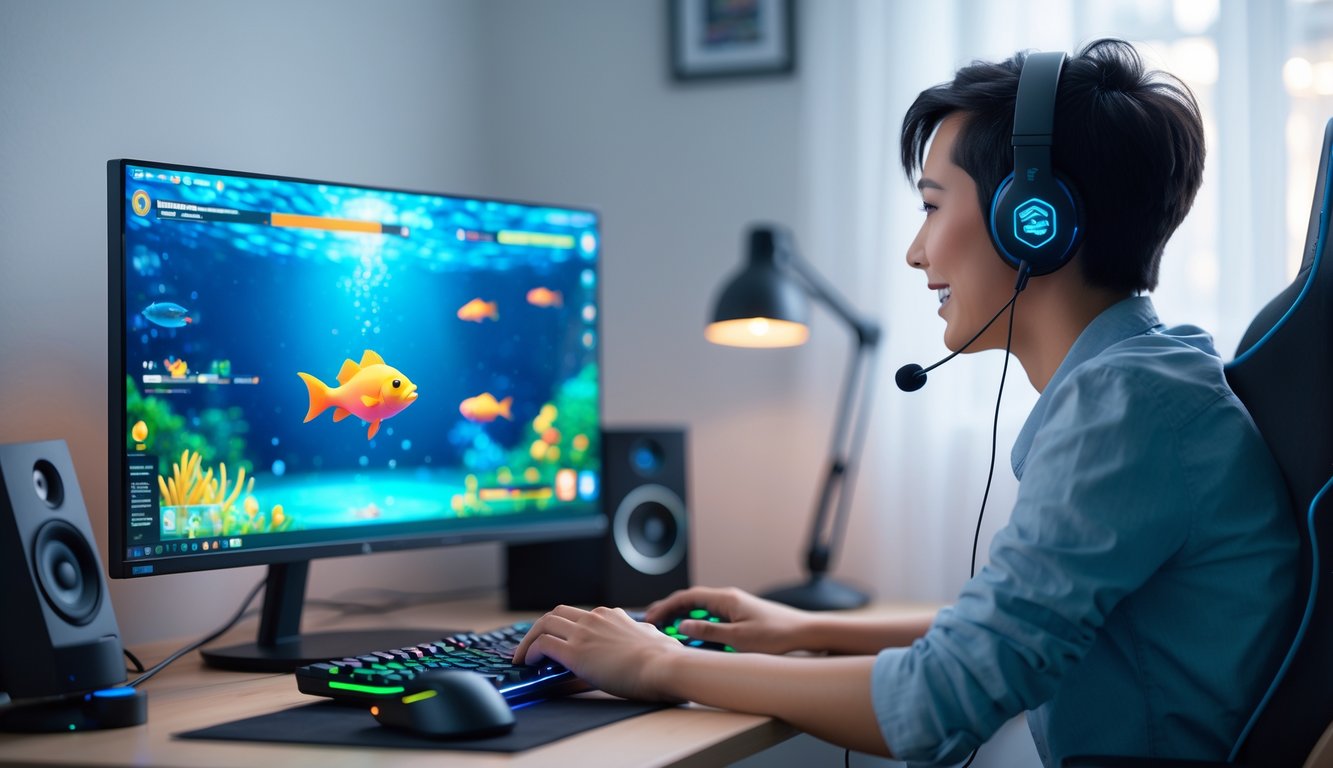 Seseorang sedang bermain game tembak ikan di komputer dengan suasana ruangan yang rapi dan pencahayaan yang nyaman.