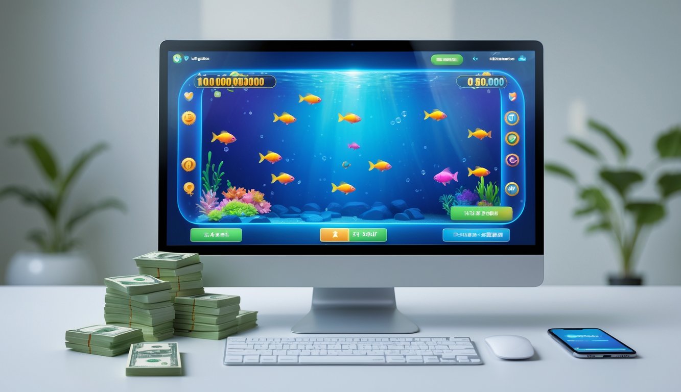 Sebuah meja dengan komputer yang menampilkan permainan judi tembak ikan, dengan uang rupiah dan ponsel di sampingnya.