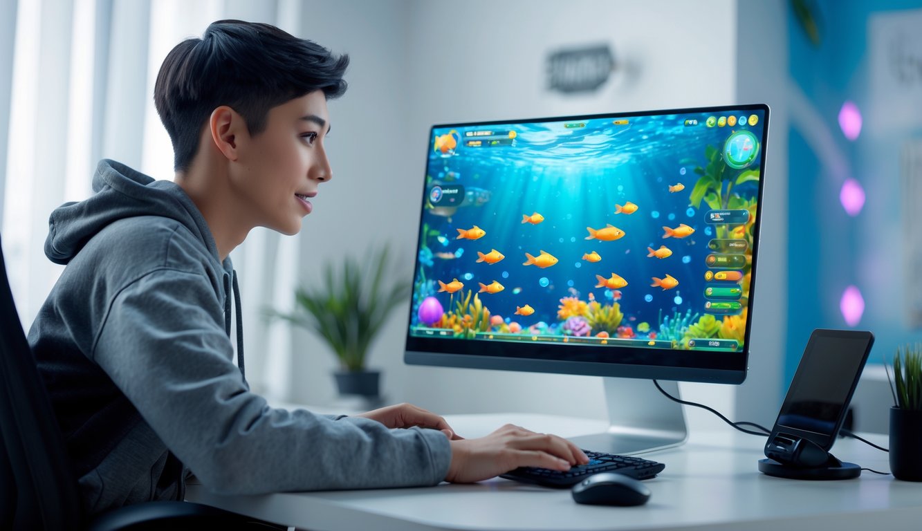 Seorang dewasa muda sedang bermain game tembak ikan online di komputer di ruangan yang terang dan rapi.