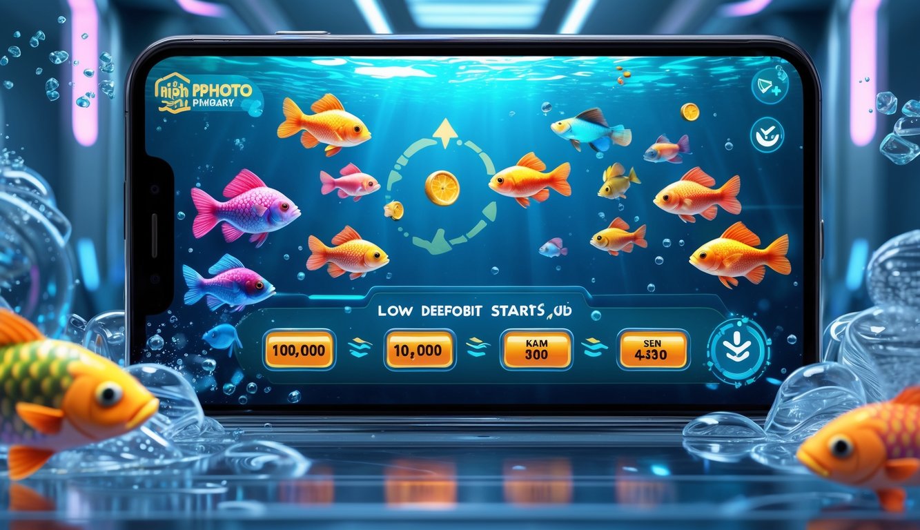 Layar permainan judi tembak ikan dengan animasi ikan berwarna-warni dan ikon hadiah besar.