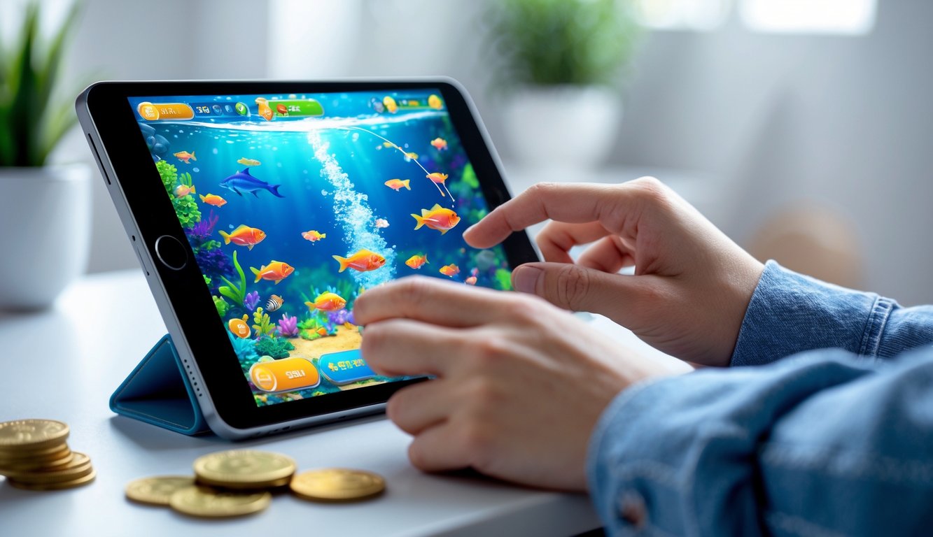 Seseorang sedang bermain game tembak ikan di perangkat smartphone dengan tampilan ikan warna-warni di layar.