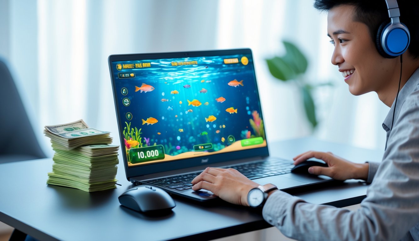 Seorang dewasa muda sedang bermain permainan tembak ikan online di laptop dengan uang rupiah di meja.