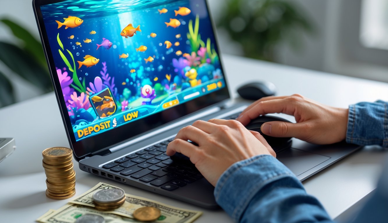 Seseorang sedang bermain permainan tembak ikan online di komputer dengan tampilan grafik ikan berwarna-warni di layar.