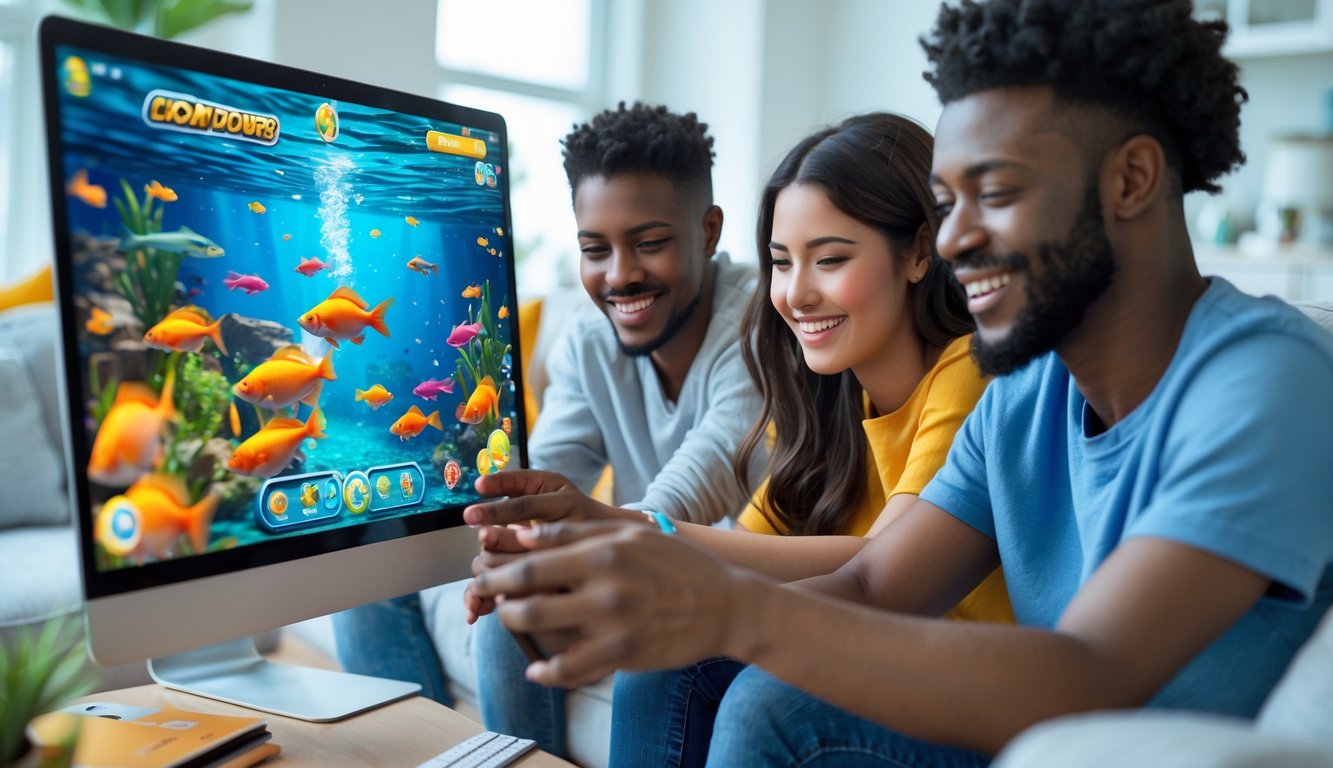 Sekelompok orang muda bermain game tembak ikan secara online di ruang tamu yang terang dan nyaman.