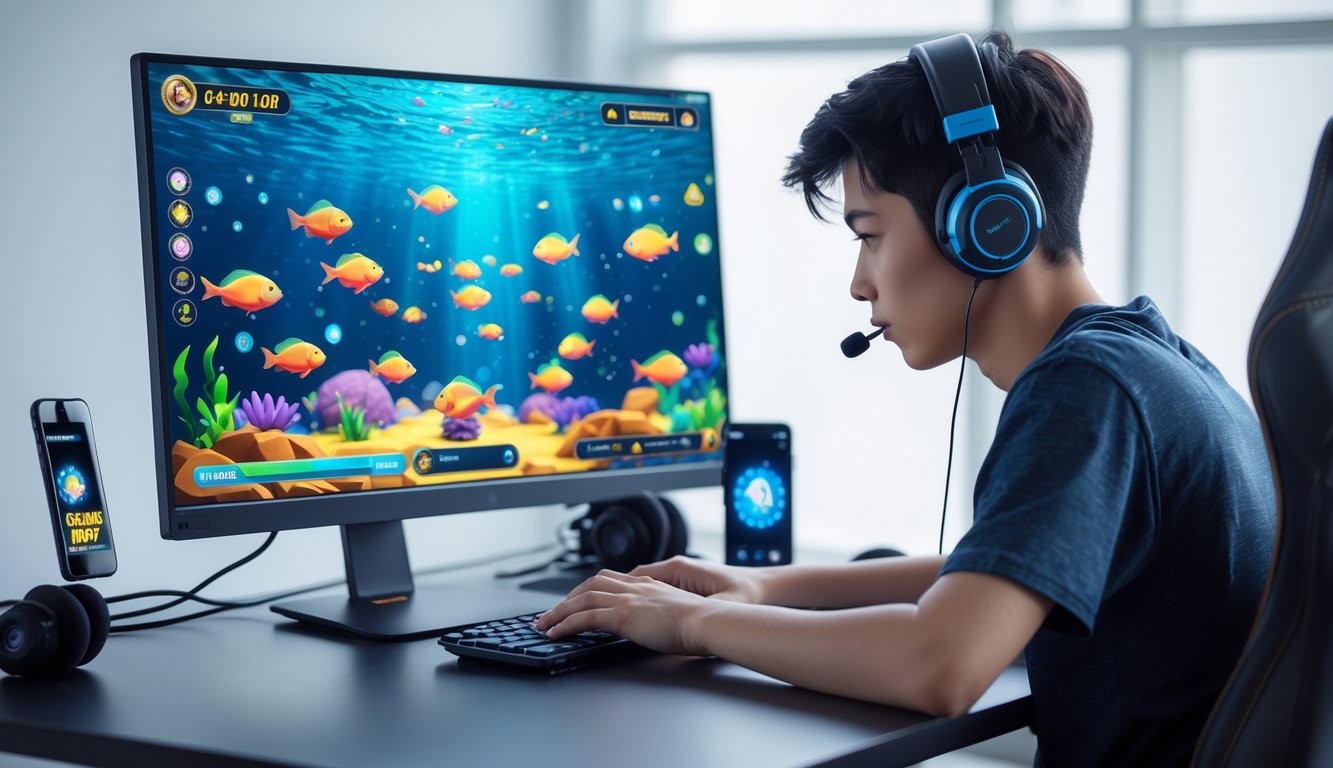 Seorang pemain muda sedang fokus bermain game tembak ikan online di komputer dengan latar belakang yang bersih dan perlengkapan gaming di sekitarnya.