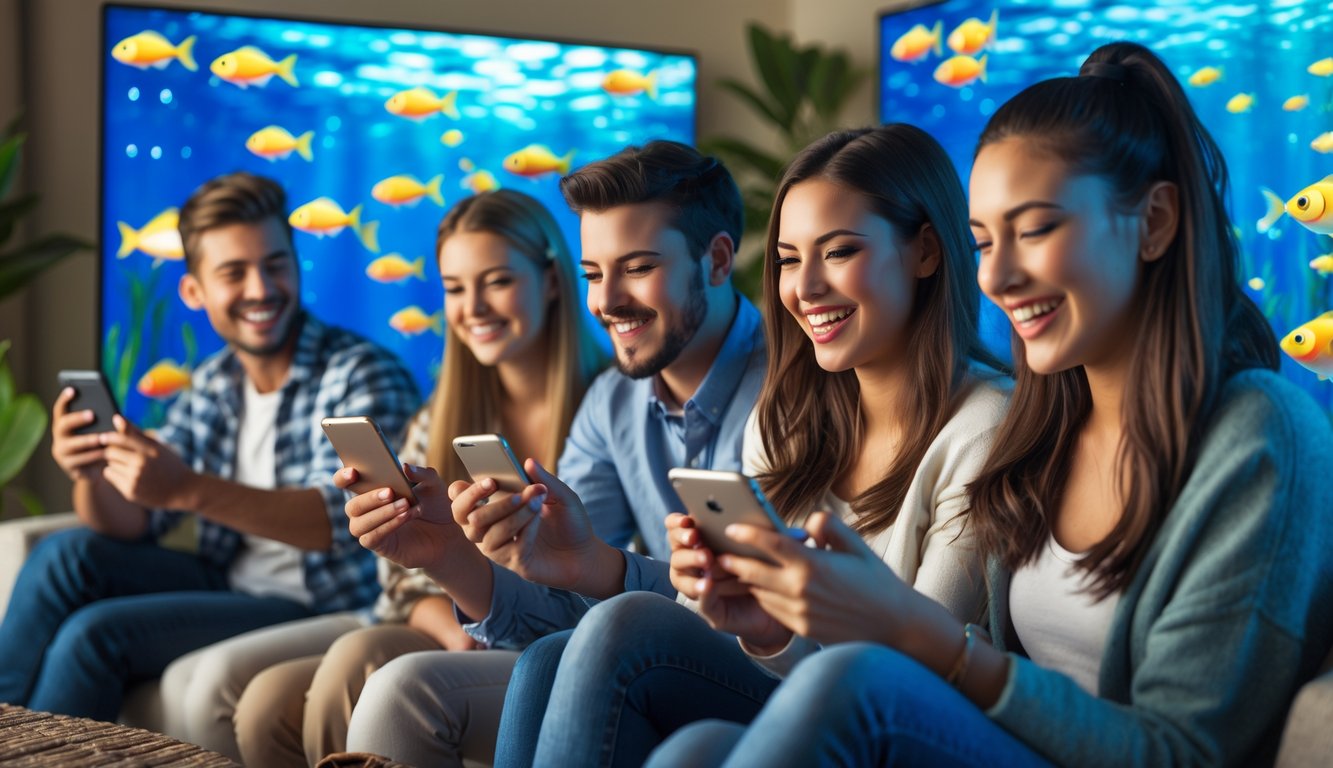 Sekelompok orang muda bermain game tembak ikan di perangkat digital dengan latar bawah laut yang berwarna-warni.