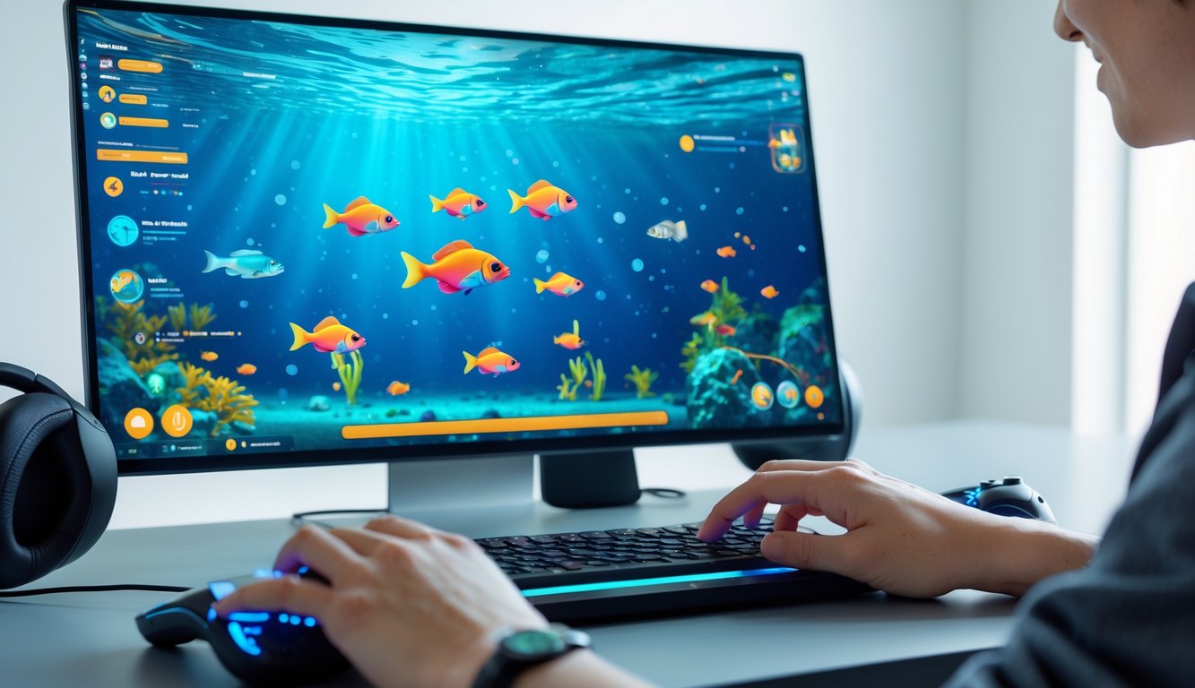 Seseorang sedang bermain game tembak ikan online di komputer dengan latar belakang yang bersih dan peralatan gaming di sekitar.
