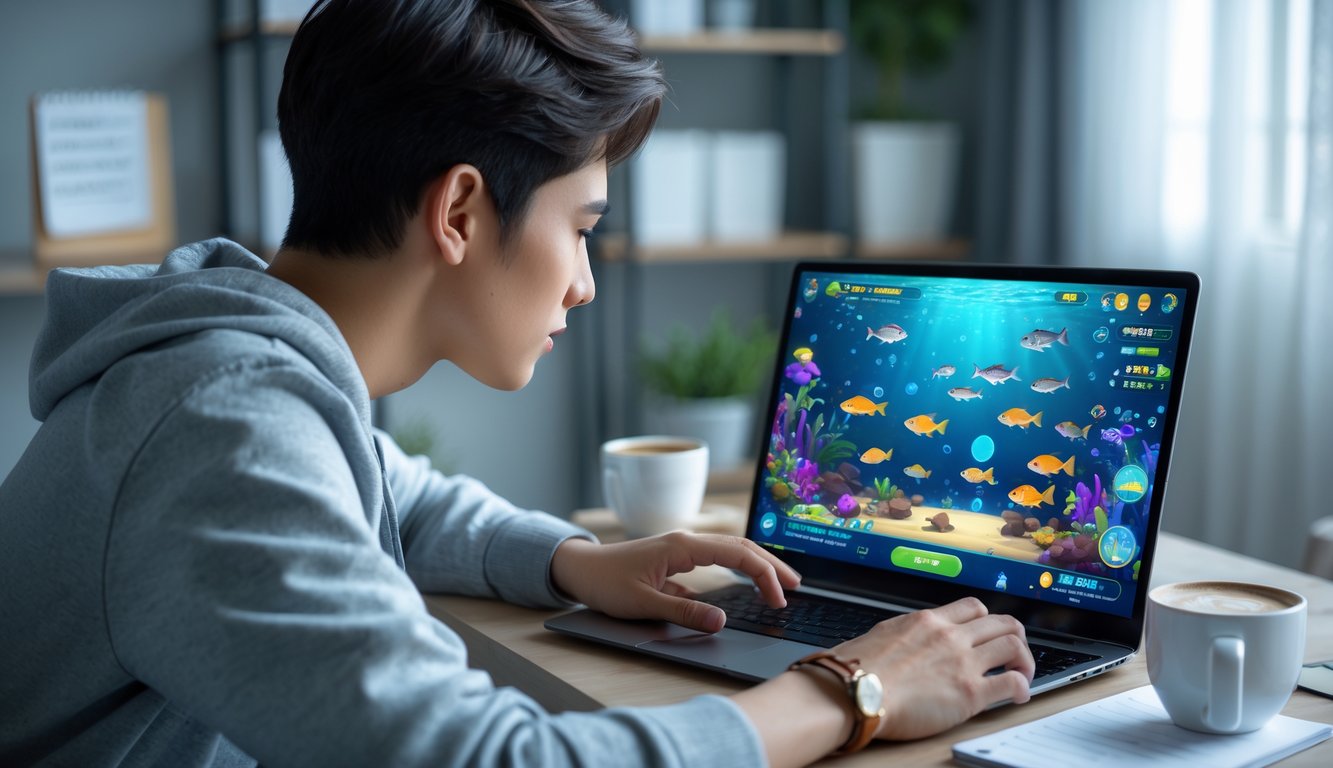 Seorang pemain muda sedang bermain game tembak ikan online di laptop di ruang tamu yang terang dan rapi.