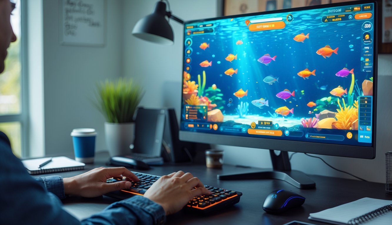 Seorang pemain sedang menggunakan komputer untuk bermain permainan tembak ikan online dengan layar menampilkan grafis ikan berwarna-warni di bawah laut.