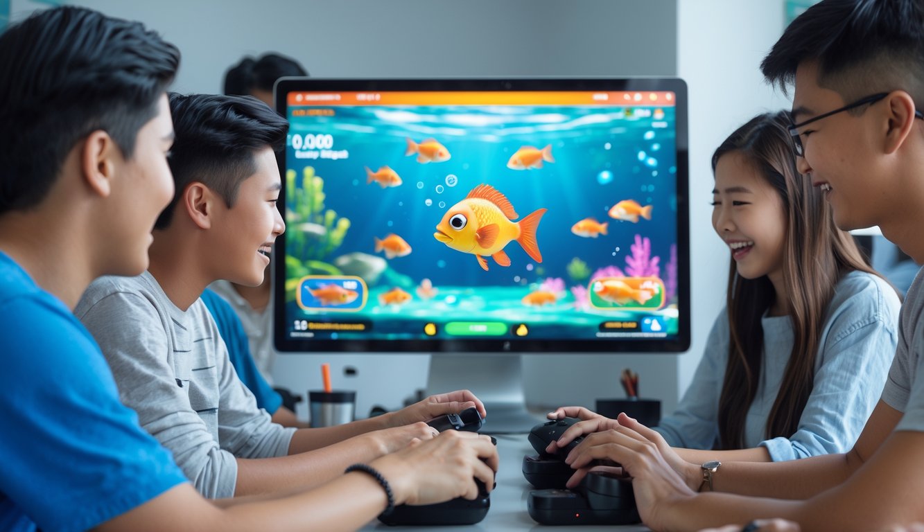 Sekelompok orang muda bermain game tembak ikan di perangkat digital dengan ekspresi antusias di ruangan yang terang dan modern.