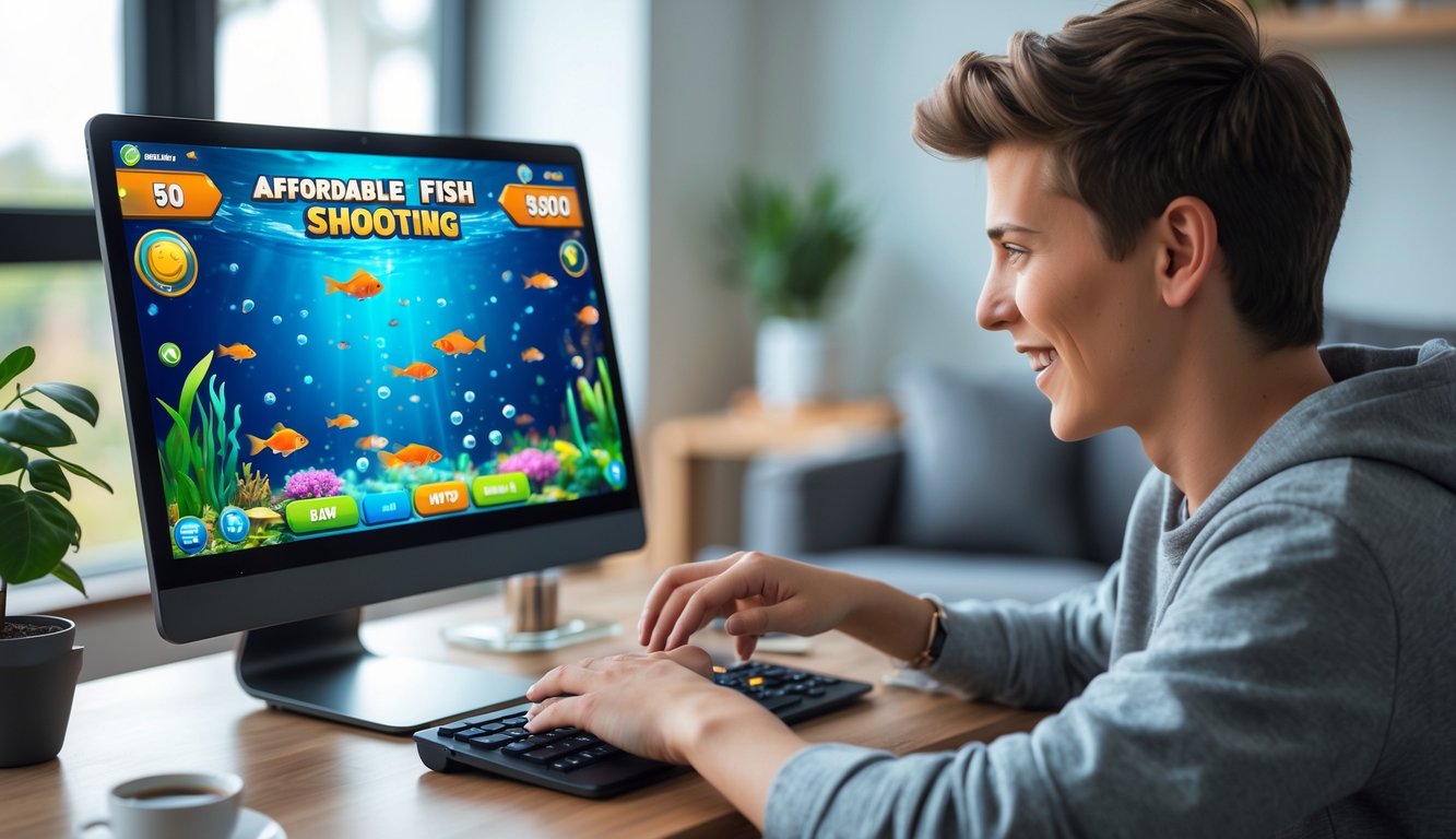 Seorang pemain muda sedang bermain game tembak ikan di perangkat digital di ruang tamu yang nyaman.