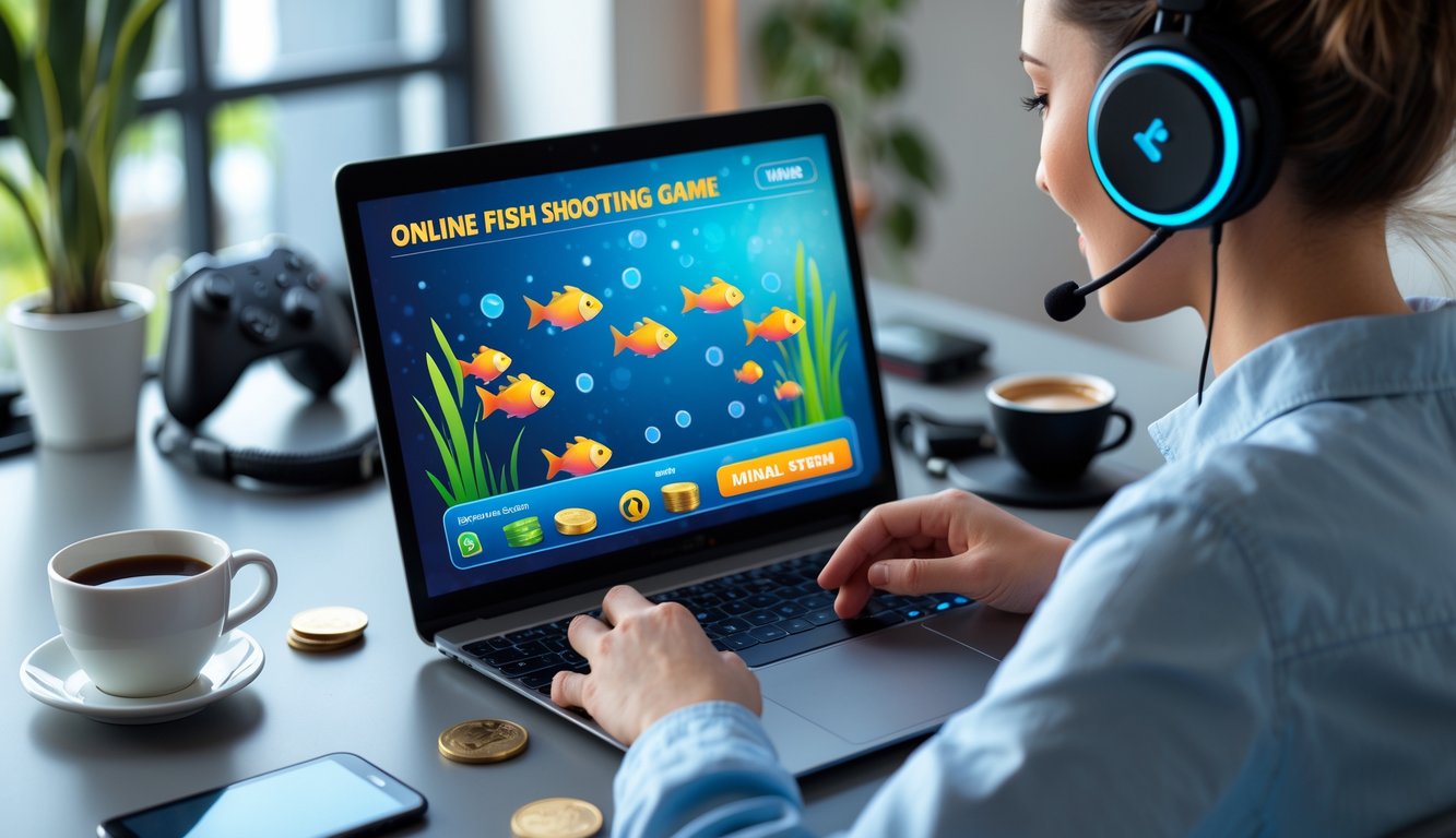 Seseorang sedang bermain permainan tembak ikan online di laptop dengan suasana ruangan yang rapi dan pencahayaan alami.
