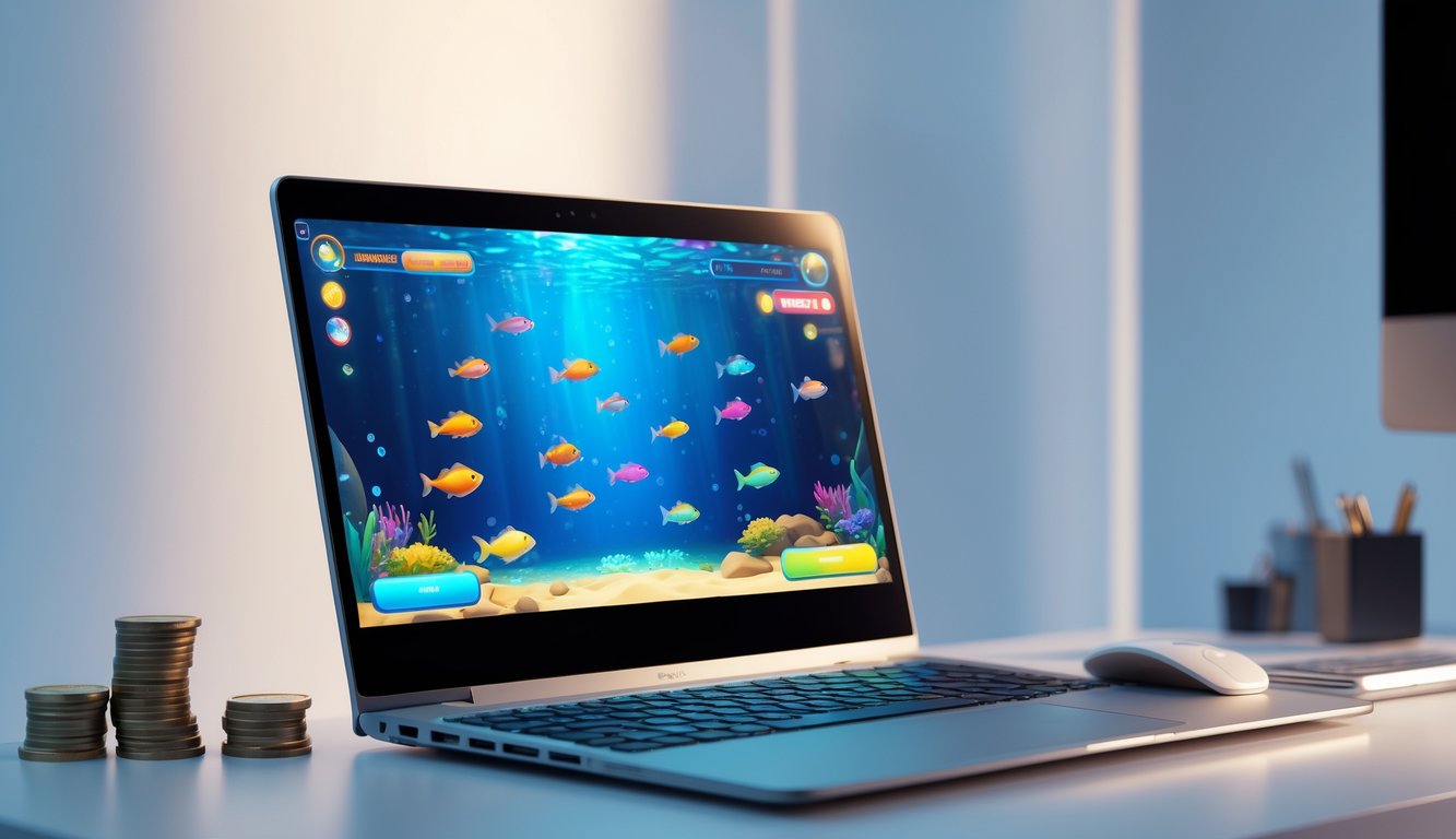 Seseorang bermain permainan tembak ikan online di komputer dengan latar belakang bersih dan beberapa koin kecil di meja.