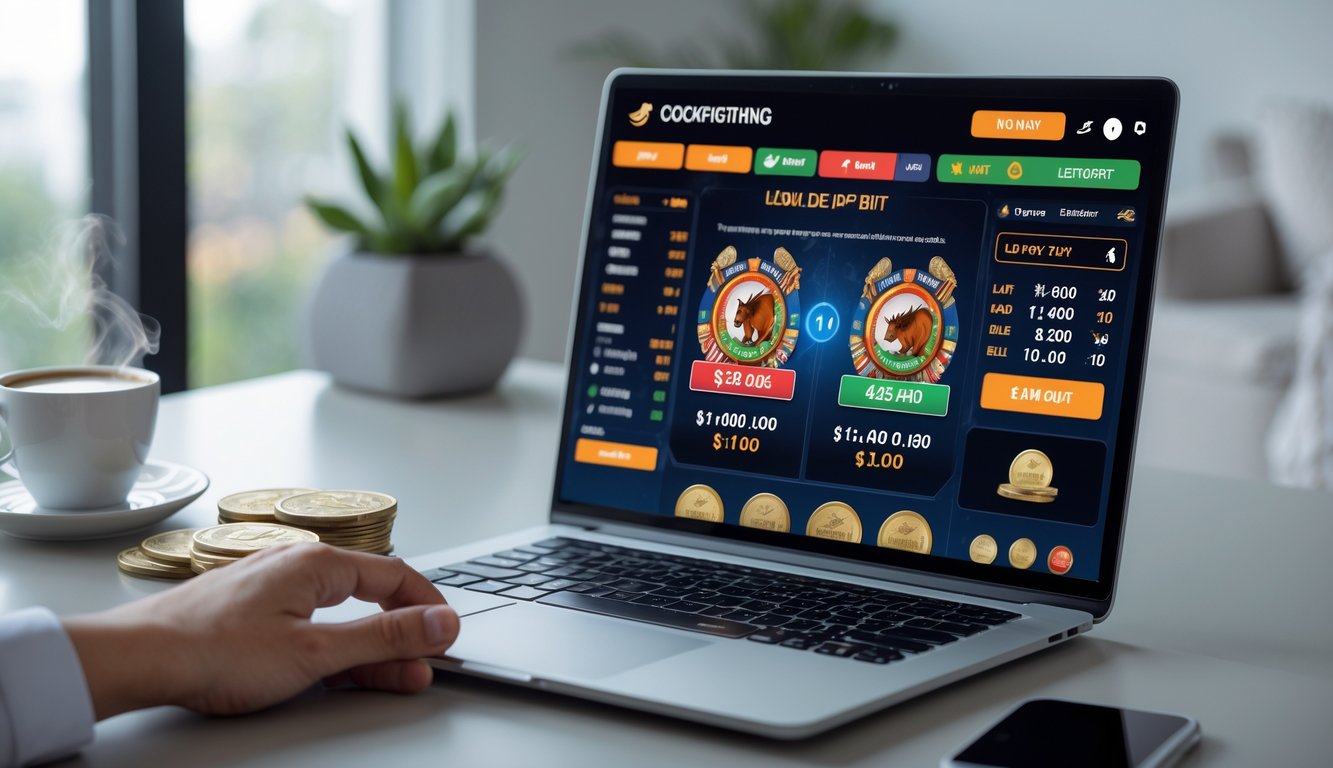 Seseorang menggunakan laptop atau ponsel untuk memasang taruhan sabung ayam online dengan uang dalam jumlah kecil di meja kerja.