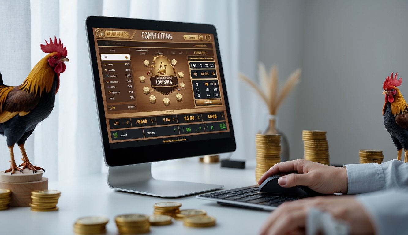 Seseorang menggunakan komputer untuk bermain sabung ayam online dengan modal kecil, di meja terlihat layar dengan situs taruhan dan beberapa koin kecil.