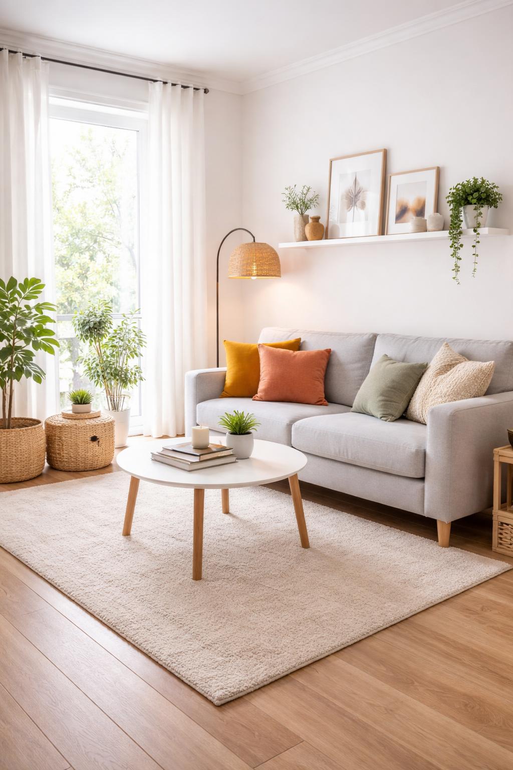 A small living room with a compact sofa, coffee table, floating shelf with plants and art, and a floor lamp near a window with sheer curtains.