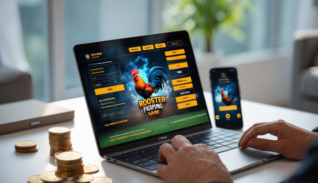 Seseorang menggunakan laptop dengan layar menampilkan situs permainan sabung ayam online, di meja terdapat ponsel dan koin, suasana tenang dan terang.
