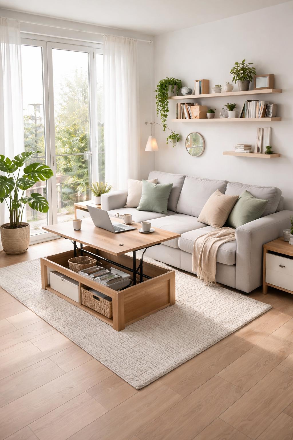 A small living room with multifunctional furniture, natural light, and plants creating a cozy and efficient space.